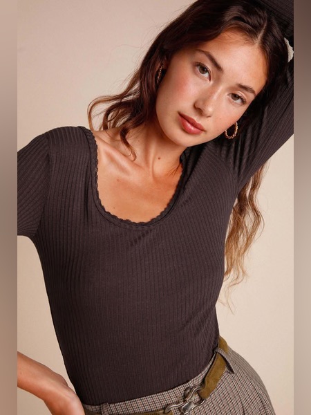Nwt Rouje Paris Top Marron Glace Brown Gio Uni Long Sleeve Rib Knit